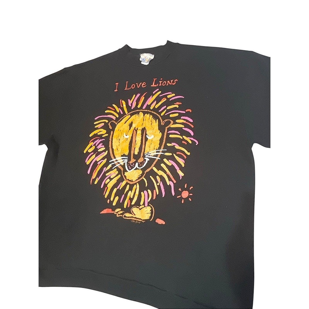 Vintage Ken Done I Love Lions Sweatshirt Black Graphic Crewneck Art 80s 90s OSFM - Picture 4 of 6